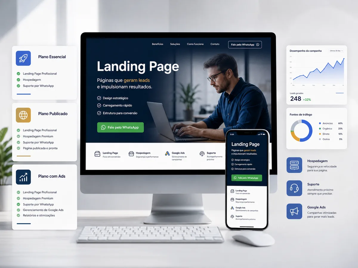 Planos de Landing Page, hospedagem e Google Ads organizados para contratação