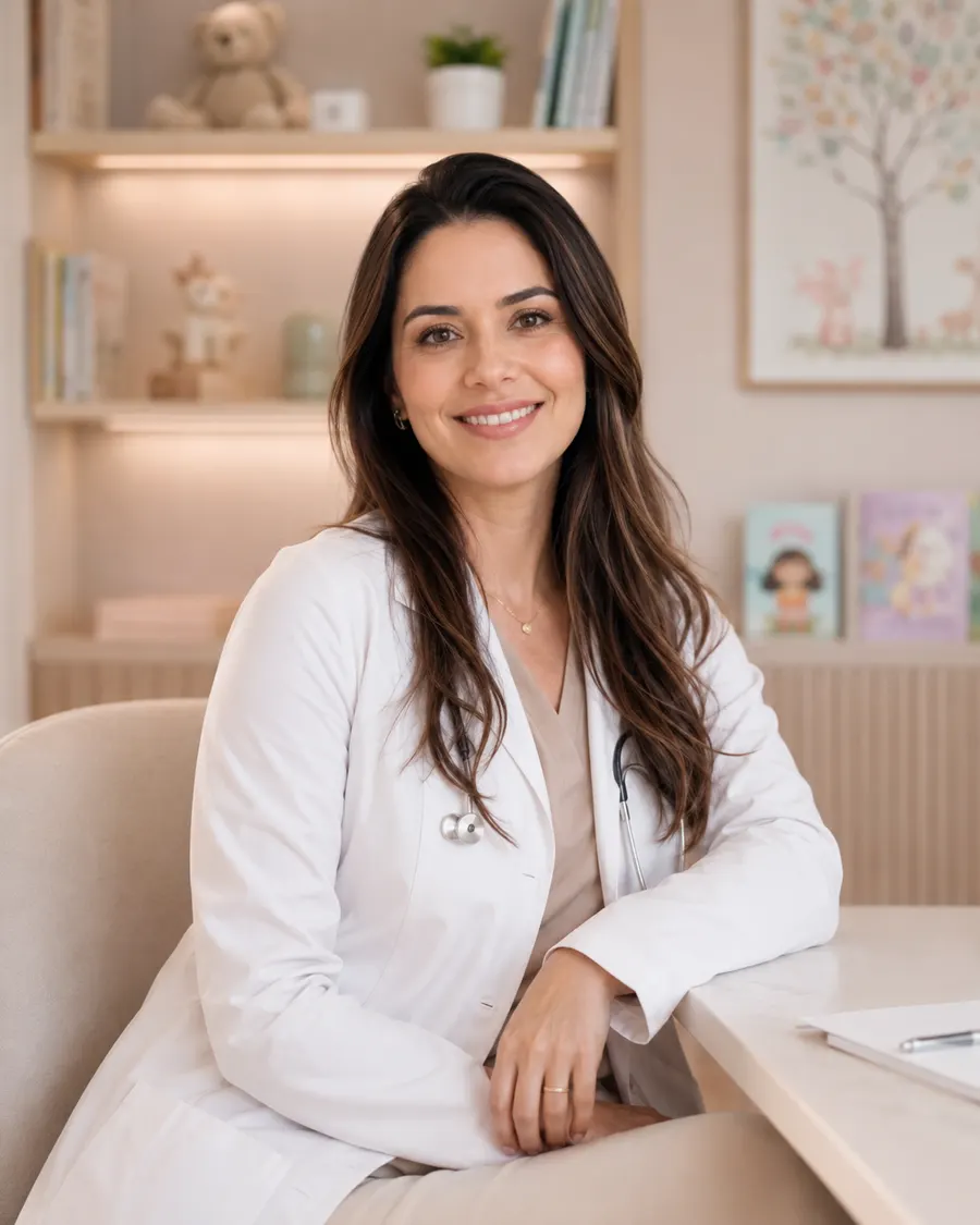 Pediatra em consultório infantil acolhedor